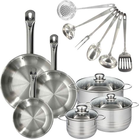 Fackelmann – Batterie de cuisine inox 18/8 – Set de 3 poêles 20/24/28 cm et 3 faitouts 16/20/24 cm – 6 ustensiles résistants à haute température
