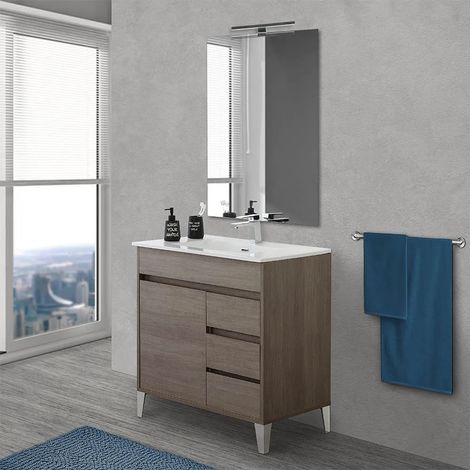 Mobile bagno da terra 80 cm linea Way rovere scuro con specchio e lavabo (1/5)