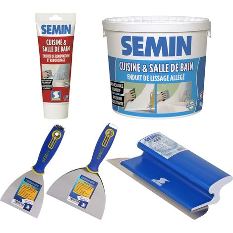 Pack Semin spécial rénovation salle de bain et cuisine pour 10 m² composé d'un enduit de rebouchage et de lissage spécial pièces humides et des outils nécessaires à cette rénovation (1/5)