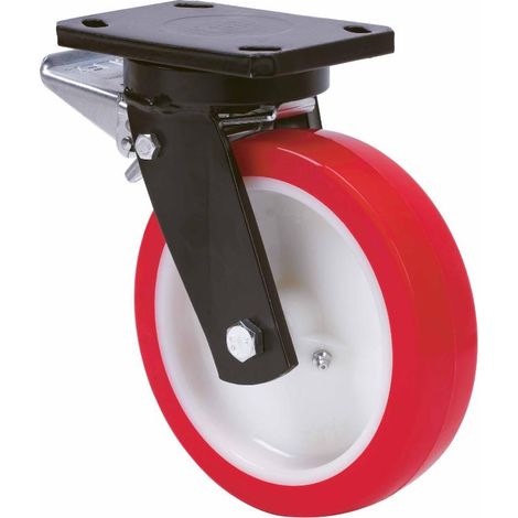 rueda giratora placa freno 10hlbfd150-po nylon blanco-poliur.rojo eje liso (1/2)