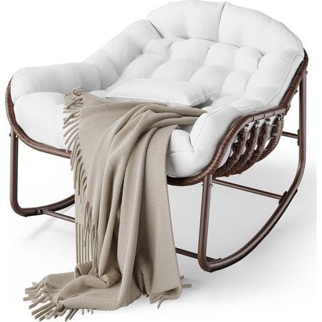 Fauteuil à bascule papasan rotin cadre métal coussin étanche charge 450lbs balcon terrasse (1/5)