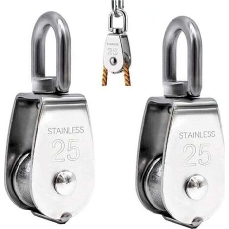 Set of 2 Lifting Pulley, 304 Stainless Steel Single Pulley M25 Single Pulley Load 150kg (1/4)