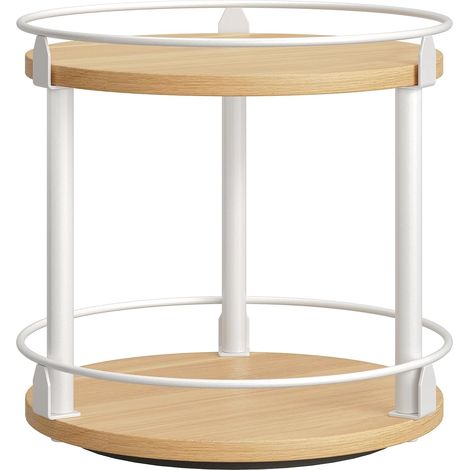 Étagère à Épices, Organisateur Pivotant, Plateau Rond à 2 Niveaux, Plateau à Épices Rotatif, pour comptoir de Cuisine, Table à Manger, Coiffeuse, Bureau, Blanc et Couleur Bois XSR22WN (1/5)