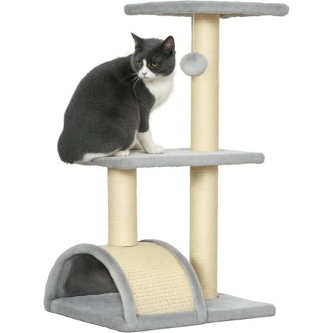 Arbre à chat-2 tours avec peluches-poteaux sisal-plateforme-griffoir gris clair-40x35x70cm (1/5)