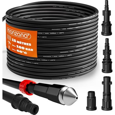 1 - Tuyau Déboucheur - Furet Canalisation - Longueur 15m Pression 160 Bar Avec 4 Adaptateurs Pour Nettoyage Conduits Noir 15x1cm (1/5)