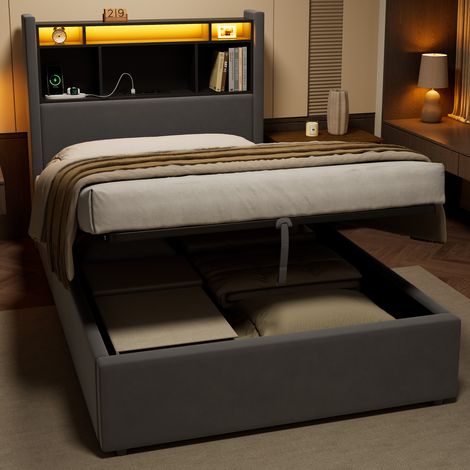 Letto imbottito 90 x 200 cm con illuminazione LED e prese di ricarica, spazio di stoccaggio per una conservazione pratica (materasso non incluso) (1/5)