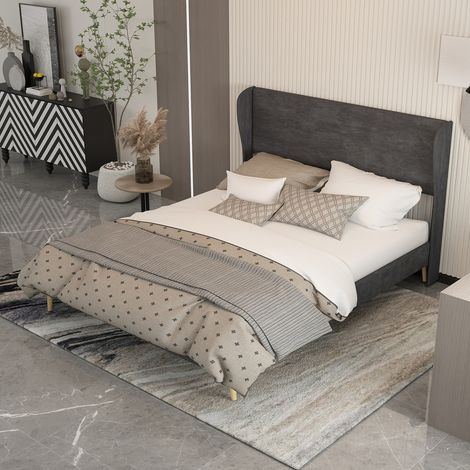 REDOM Lit double 160x200 cm tête rembourrée, tissu et métal design bas gris (Sans matelas) (1/5)