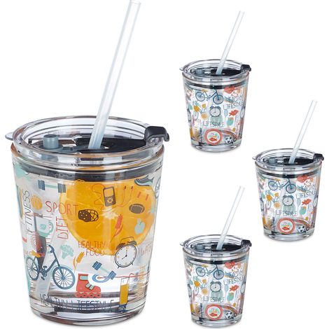 Relaxdays Glass Cups with Lid & Straw, Set of 4, Sport Design, 350 ml each, Kids Drinking Glasses, Tumblers, Transparent