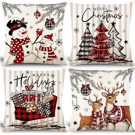 Lot de 4 Housse de Coussins Noël - Rouge et Blanc - Dessins de Bonhomme de Neige, Sapin, Renne et Boule de Noël - Décorations Festives pour Canapé, Salon, Chambre (45 x 45 cm) (1/5)
