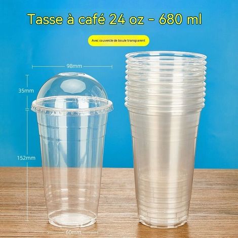 gobelets transparents en plastique jetables avec couvercles pour jus cafe the au citron the au lait lot de 50 pieces (1/4)