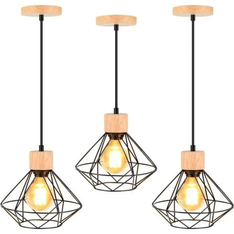 U-Do 3Pcs Lustre Vintage Lampe Cage en Fer Bois design Créatif Industriel Suspension Luminaire Ajustable pour Chambre Cuisine (1/4)