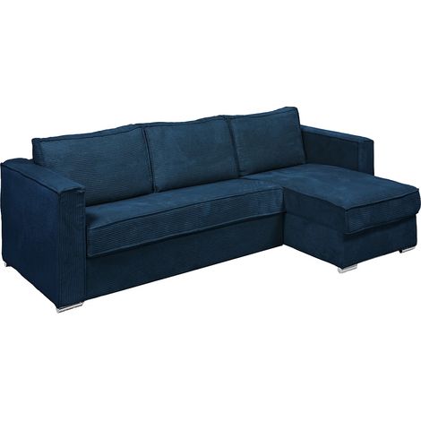 Canapé d'angle convertible express et réversible en velours côtelé bleu nuit - Couchage à lattes larges 160 cm - Matelas 14 cm LORETO (1/5)