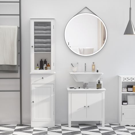Armoire de salle de bain haute et étroite, avec étagères réglables et tiroir, idéale pour les petits espaces. Style moderne, 40 x 27 x 171,5 cm, blanche. (1/5)