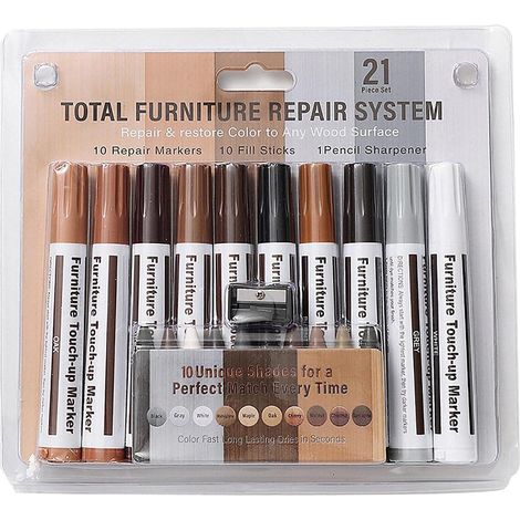 21 pcs Stylos de retouche de Meubles Marqueur feutré Multi-usages Kit de réparation de Meubles pour teintures, égratignures, planchers de bois, tables avec Taille-Crayon