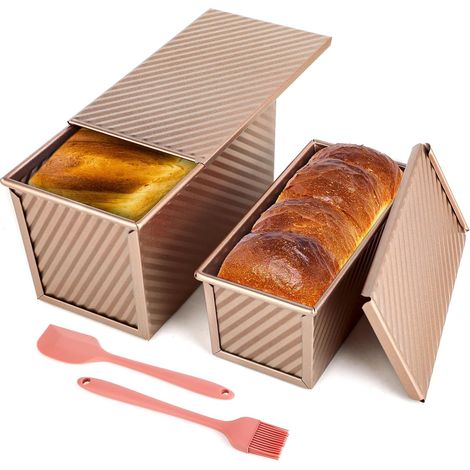 Lot de 2 Moule à Pain de Mie avec Couvercle - Moule Antiadhésif avec Couvercle pour Pain, Gâteaux & Pâtisseries, Moule a Brioche, Inclus 1 Spatule en Silicone et 1 Pinceau en Silicone. (1/5)