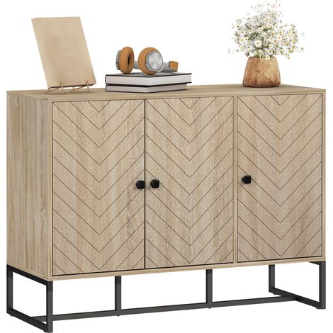 Buffet Salon Meuble de Rangement Armoire de Cuisine avec Placard Portes et Étagère Réglable, Motif Chevron, Pied Métal, Style Moderne, pour Salle à Manger et Salon, 108 x 40 x 80 cm, Chêne (1/5)