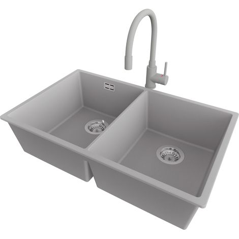 PRIMAGRAN Evier Cuisine en Granit 76x47cm,Lavabo 2 bacs + Robinet 38x14cm + Kit de Vidage, Évier à Encastrer au meuble 80cm - London Slim Twin, Gris (1/5)