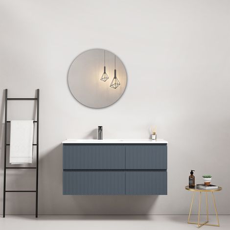 Mobile bagno sospeso cannettato 100 cm Blu Mare Lavabo a Sinistra in Ceramica Specchio Tondo - Fiji Paint (1/4)