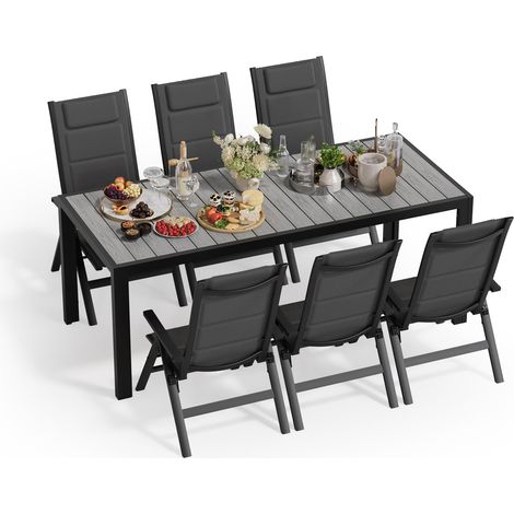 Salon de Jardin Extérieur : 1 Table en Aluminium Imitation Bois + 6 Chaises Longues Pliantes. Solide et Durable. Idéal pour Les Balcons, Les Jardins et Autres Espaces Extérieurs. (1/5)