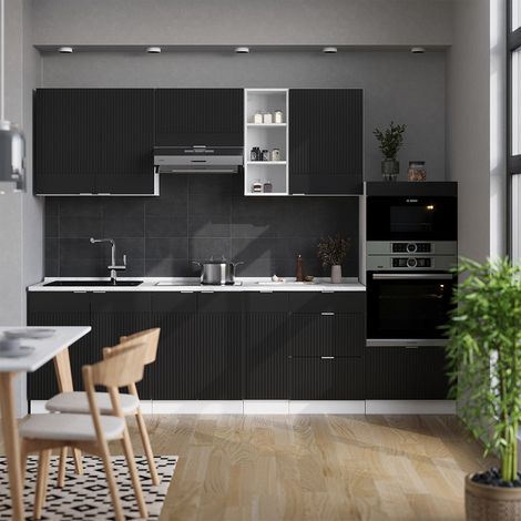 Mueble de cocina Fame-Line, Negro a rayas/blanco, 280 cm , ET Roble, Vicco