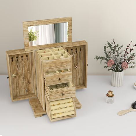 Design Boîte à bijoux en bois à 4 étages Organisateur pour femme avec 2 tiroirs Miroir pour boucles d’oreilles Bagues Colliers naturels