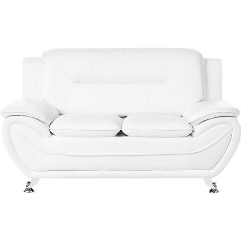 2 Seater Sofa White Vegan Eco Leather Loveseat Arms Silver Metal Legs Easy Clean Modern Glam Style Living Room LEIRA (1/5)