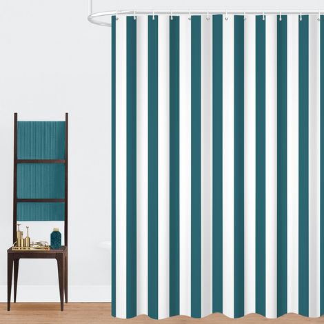 Rideau de Douche, 165x180cm, Teal et Blanc Minimalisme Moderne Rayures Verticales Tissu Pmperméable Machine Lavable Rideau de Salle de Bain avec Crochets (1/5)