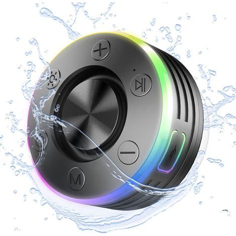 Altavoz Bluetooth para ducha, resistente al agua IP7, con función de llamadas Bluetooth, potente ventosa, luz LED, altavoz inalámbrico estéreo de 360°, 8 horas de autonomía, color negro. (1/4)