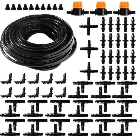 77-teiliges 4/6 mm Tropfbewässerungsset, 15 m Bewässerungsschlauch, Bewässerungssystem mit geraden Schlauchverbindern, T-Stücken und Endkappen für Garten und Pflanzen (1/5)