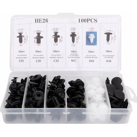 100 clips de remache de plástico para coche - Clips de ala de plástico universales - Clips de parachoques para coche - Kit de repuesto de clips de remache con tornillos de expansión y estuche de almac (1/5)