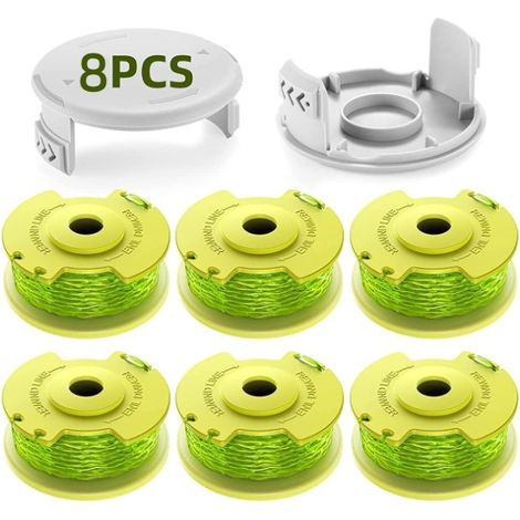 8er-Pack verbesserte Trimmerfadenspulen, passend für Ryobi One+ 18 V, 24 V, 40 V Trimmer, Ø 2,0 mm und 3,4 m Länge, Ersatzteile für AC14RL3A Trimmer (6 Spulen, 2 Abdeckungen)