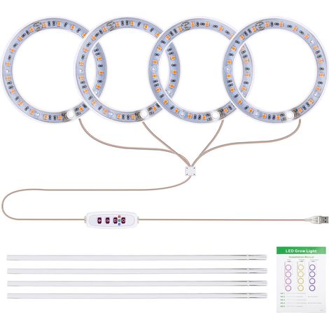 Lampe de croissance pour plantes d'intérieur, 4 têtes, 6,2 W, 301,7 lm, 80 LED, 4000 K, alimentation USB, minuterie 8 h/12 h/16 h, 5 niveaux de luminosité, idéale pour les plantes succulentes, les min (1/2)