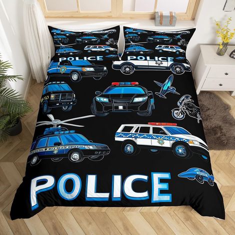 Parure de lit avec housse de couette 135 x 200 cm Motif voiture de police Bleu/rouge Pour garçons et filles (1/5)