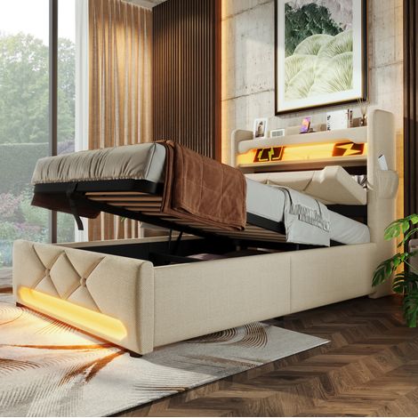Lit simple rembourré moderne 90x200 cm en lin beige avec tête de lit USB/Type-C, LED 360° et coffre hydraulique (1/5)