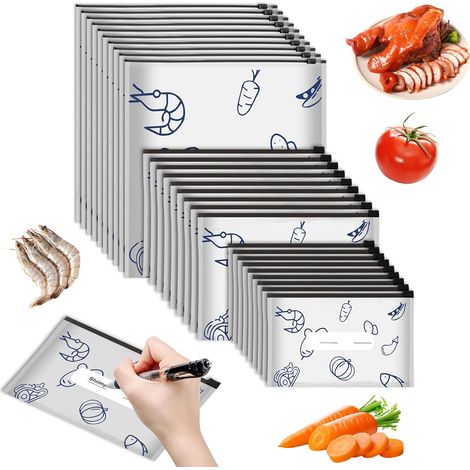 60 x Reusable Aluminium Foil Storage Bags Freezer Bag Zip Food Storage Bags with Zip 3 Sizes for Vegetables Fruit Meat (1/5)