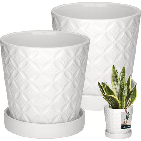KOTARBAU® 2 pezzi Vaso da fiori rotondo bianco 13 cm Vaso da fiori con sottovaso Vaso per fiori ed erbe aromatiche in ceramica smaltata Copertura per piante