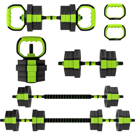 SPORTNOW Set Pesi Palestra 6 in 1 20kg con Manubri, Kettlebell, Bilanciere Verde
