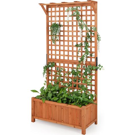 GOPLUS Jardinière avec Treillis 180cm en Bois, Lit Surélevé,90x44,5x183,5CM, 4 Trou de Drainage pour Plantes Grimpantes, Fleurs, Bac à Fleurs avec Treillis pour Cour, Jardin, Balcon (Jaune) (1/5)