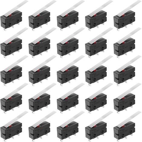 Lot de 25 Micro Switch, Microrupteur à Levier, Micro Limit Switch AC Hinge, Micro Interrupteurs avec 55mm Levier à Longue Charnière AC 5A 125 250V 3 Broches Limite SPDT pour Arduino