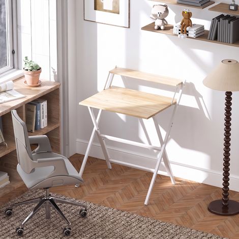 Bureau pliable 65,5 x 45 cm avec étagère de rangement pour chambre, petits espaces, bois naturel (1/5)