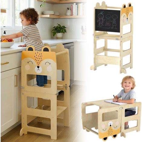 AIYAPLAY torre de aprendizaje 3 en 1 plegable, convertible en escritorio y silla, para niños de 2-5 años, con pizarra, dibujos de zorros, natural