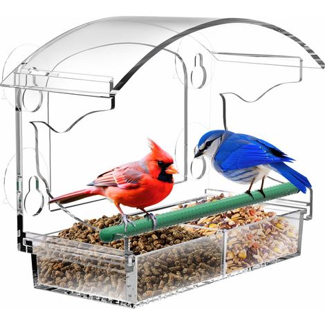 Mangeoire à Oiseaux pour Fenêtre en Acrylique Transparent, 4 Ventouses, Plateau à Graines Amovible, pour Petits Oiseaux Sauvages (1/5)