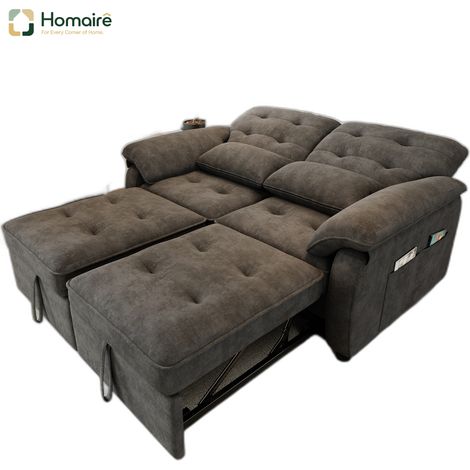 Canapé en velours gris avec couchage coulissant, accoudoirs et port USB 142 x 90 x 86,5 cm HOMAIRE (1/5)