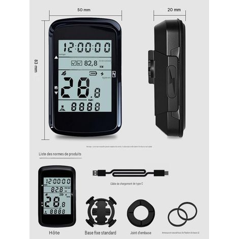 Compteur GPS vélo sans fil étanche, grand écran rétroéclairé pour VTT, ordinateur de cyclisme intelligent, compteur de vitesse et distance, noir avec support VTT (1/5)