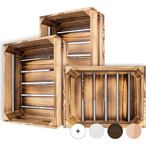 3 x Caisse de Rangement Vintage en Bois Flammé - 40 x 30 x 15 cm