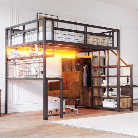 Cama alta 140x200 cm negra de metal con escritorio, escalera con almacenaje y luces (1/5)