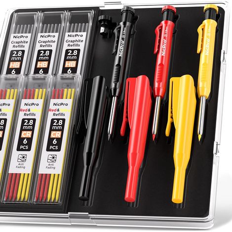 3 Pièces Crayons de Charpentier avec Taille Crayon, Porte-Mines avec 39 Recharges, Marqueurs de Trous Profonds, Crayon Chantier Robustes pour Architectes, avec étui (Rouge, Noir, Jaune) (1/5)