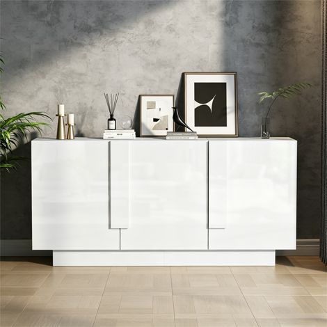 Buffet de Rangement 160x35x60 cm Blanc Haute Brillance avec 3 Portes, 6 Compartiments, pour Salon (1/5)