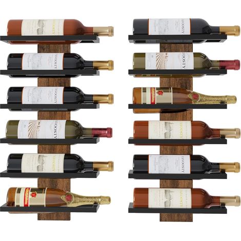 Lot de 2 - Étagère à vin murale - Porte-bouteilles métal - Rangement 6 niveaux pour cave et salle à manger - Noir - 60x25cm