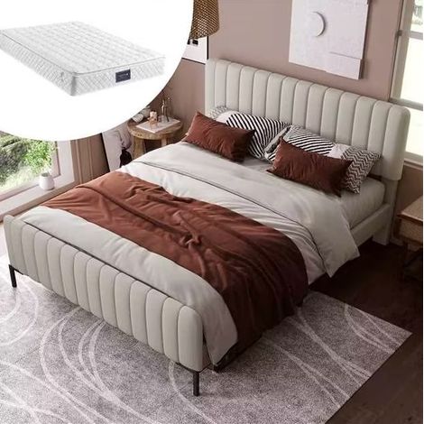 Letto imbottito in lino grigio-beige 160x200 cm con rete a doghe, testiera regolabile e materasso incluso (1/5)